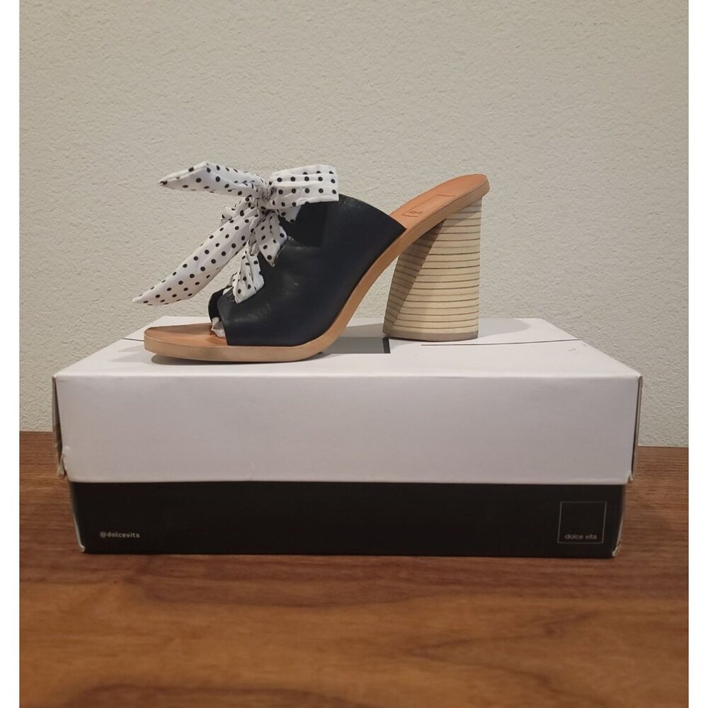 Dolce Vita Polk-a-Dot Amber Leather Open Toe Slip Mules Black White Size 8.5